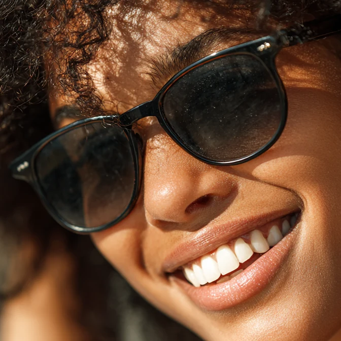 A woman wearing black Ray-Ban sunglasses