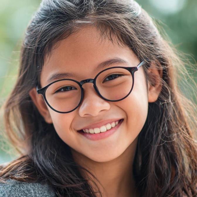 A young person wearing prescription glasses outdoors